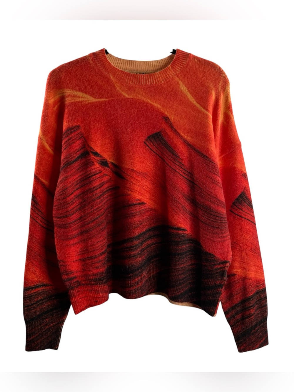 DESIGUAL Vaughn Abstract Red Orange Black Print Acrylic Blend Crewneck Sweater